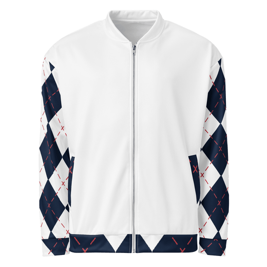 White jacket with navy and red argyle pattern on sleeves and hem against a white background