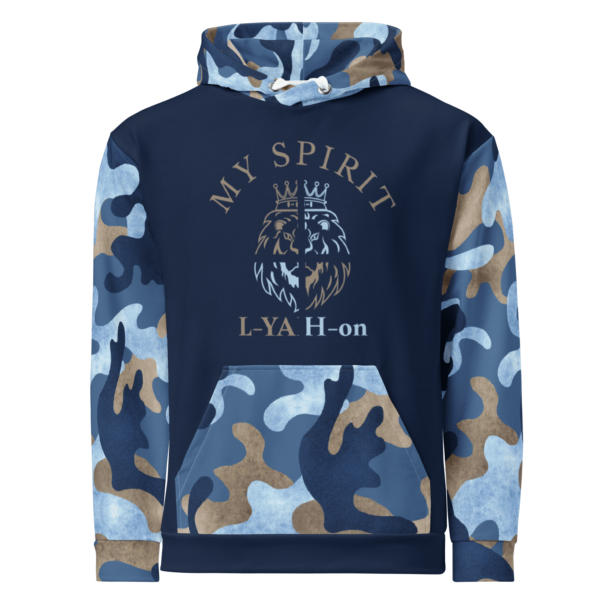 Navy blue hoodie with camouflage sleeves and chest design on a white background