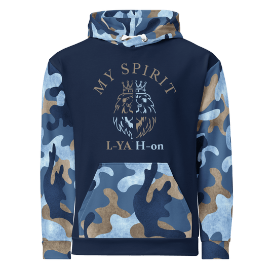 Navy blue hoodie with camouflage sleeves and chest design on a white background