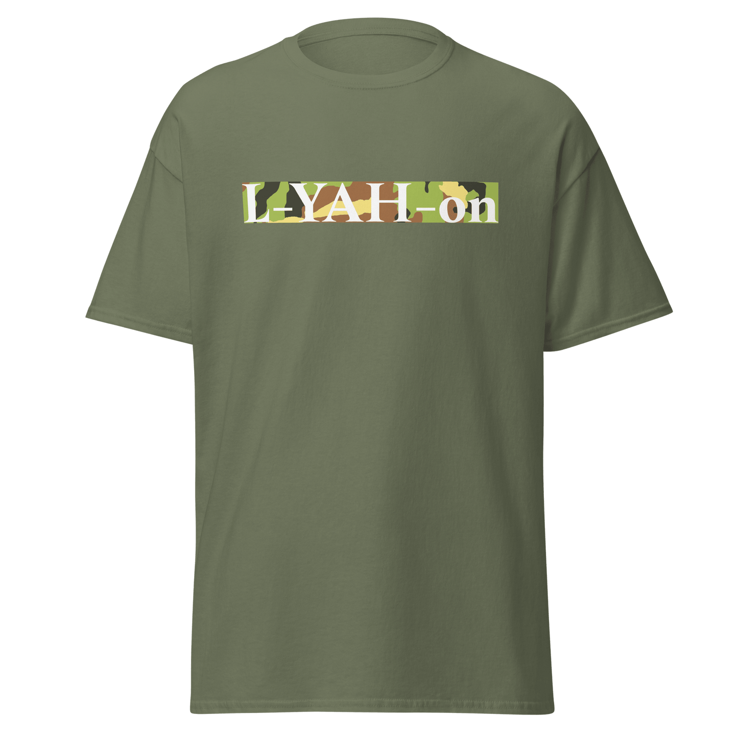 A green camouflage framed t-shirt with the text 'L-YAH-on' motivational tee - faith-based apparel