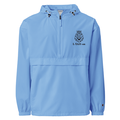 Light blue jacket with a logo and text on a white background