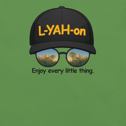 Green t-shirt with a black cap and sunglasses graphic, featuring 'L-YAH-on' text - inspirational tee