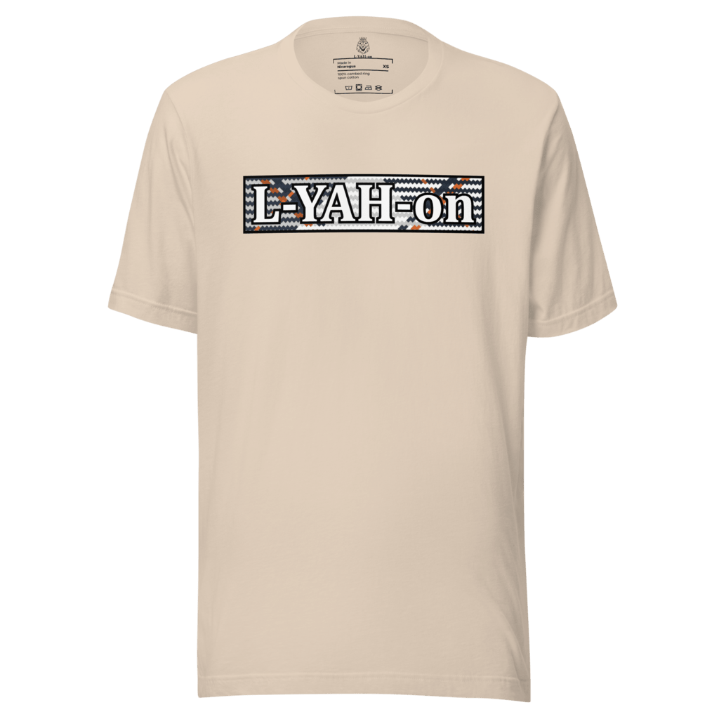 A white crew neck t-shirt with the text 'L-YAH-on' printed in a stylized font on the front.