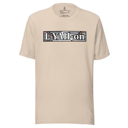 A white crew neck t-shirt with the text 'L-YAH-on' printed in a stylized font on the front.