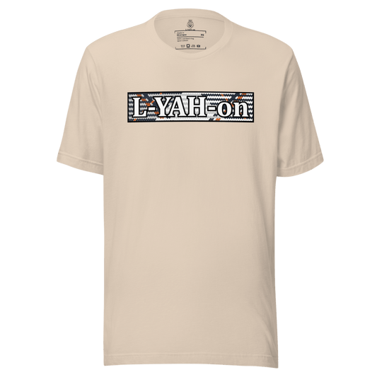 A white crew neck t-shirt with the text 'L-YAH-on' printed in a stylized font on the front.