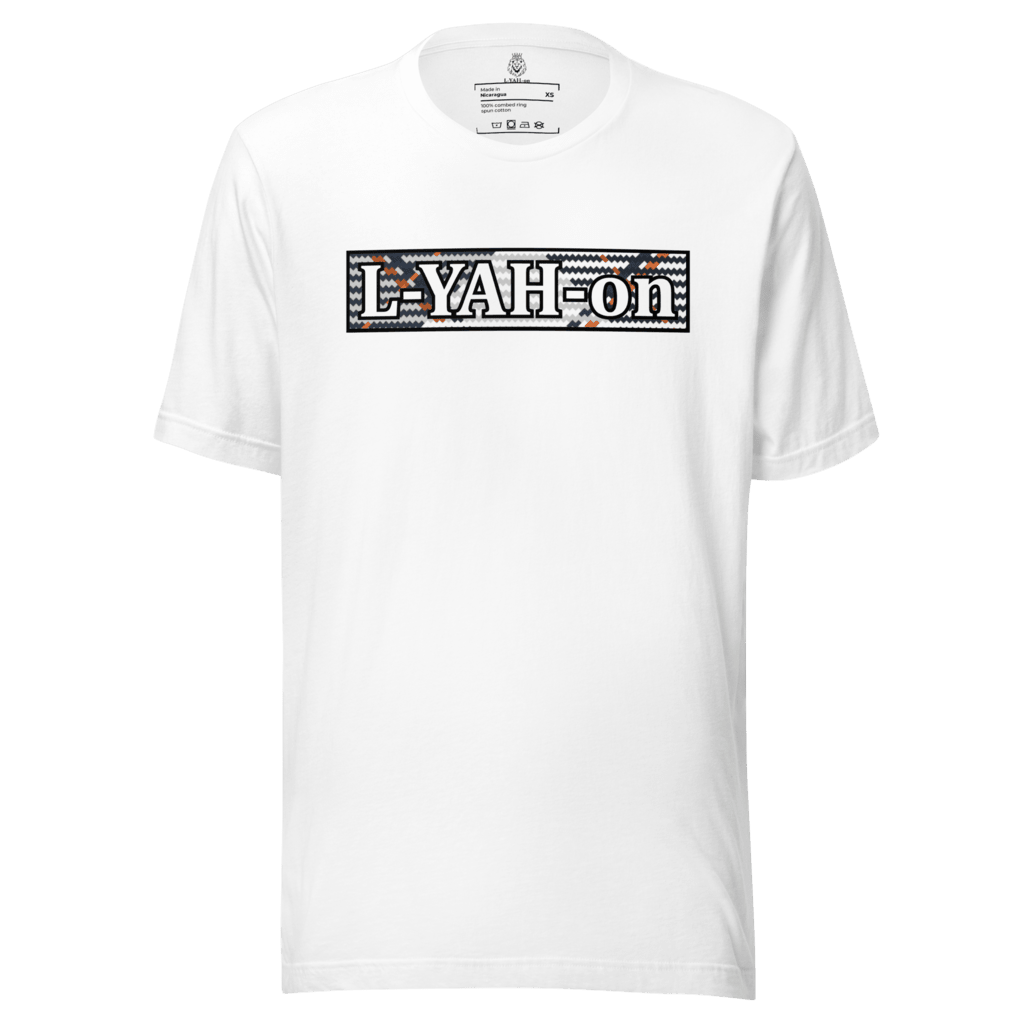 L-YAH-on logo on a multicolored background on a white t-shirt