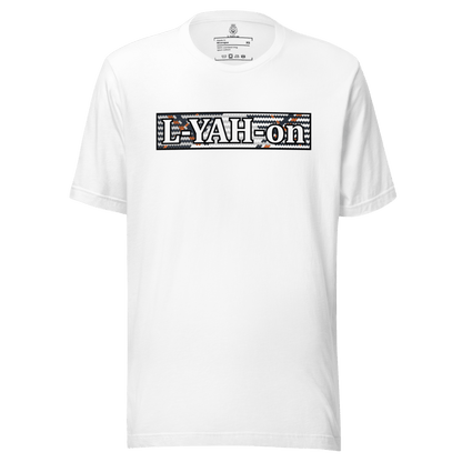 L-YAH-on logo on a multicolored background on a white t-shirt
