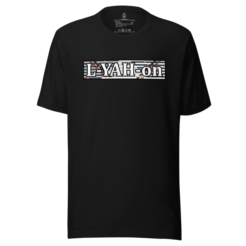 L-YAH-on logo on a multicolored background on a black t-shirt