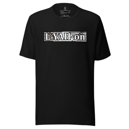 L-YAH-on logo on a multicolored background on a black t-shirt