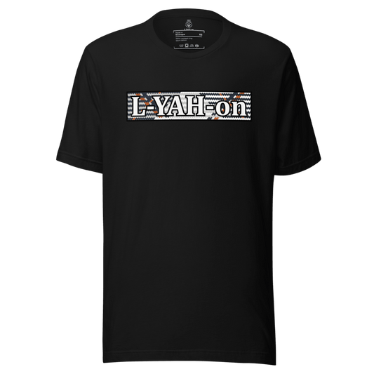 L-YAH-on logo on a multicolored background on a black t-shirt