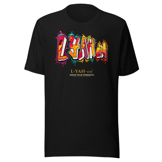 Black L-YAH-on Classic Graffiti T-shirt featuring colorful graffiti logo artwork and signature faith-inspired streetwear design.