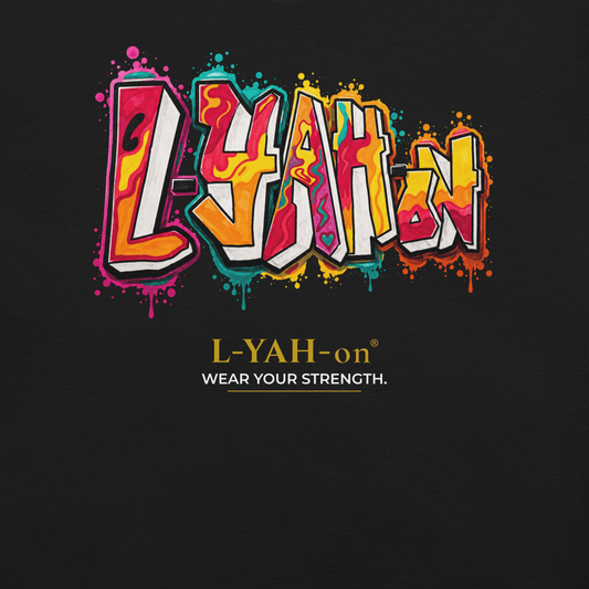 Black L-YAH-on Classic Graffiti T-shirt featuring colorful graffiti logo artwork and signature faith-inspired streetwear design.