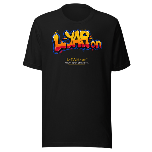 Black L-YAH-on Graffiti Logo T-shirt featuring colorful street art lettering and faith-inspired urban design by L-YAH-on®