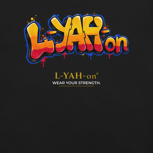 Black L-YAH-on Graffiti Logo T-shirt featuring colorful street art lettering and faith-inspired urban design by L-YAH-on®