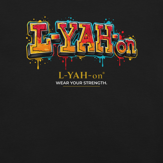 Black I-YAH-on Graffiti T-shirt featuring colorful graffiti typography and exclusive faith-inspired streetwear design