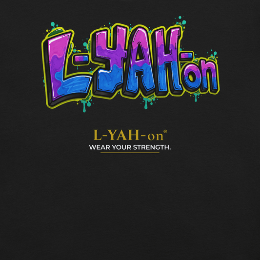 Black L-YAH-on Graffiti Signature T-shirt with vibrant graffiti lettering and bold faith-inspired streetwear artwork.