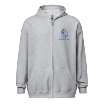 zip-up hoodie with front pockets and a metal zipper, displaying a logo on the upper left side - YHWH clothing brand online