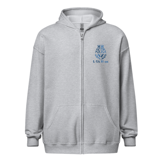 zip-up hoodie with front pockets and a metal zipper, displaying a logo on the upper left side - YHWH clothing brand online