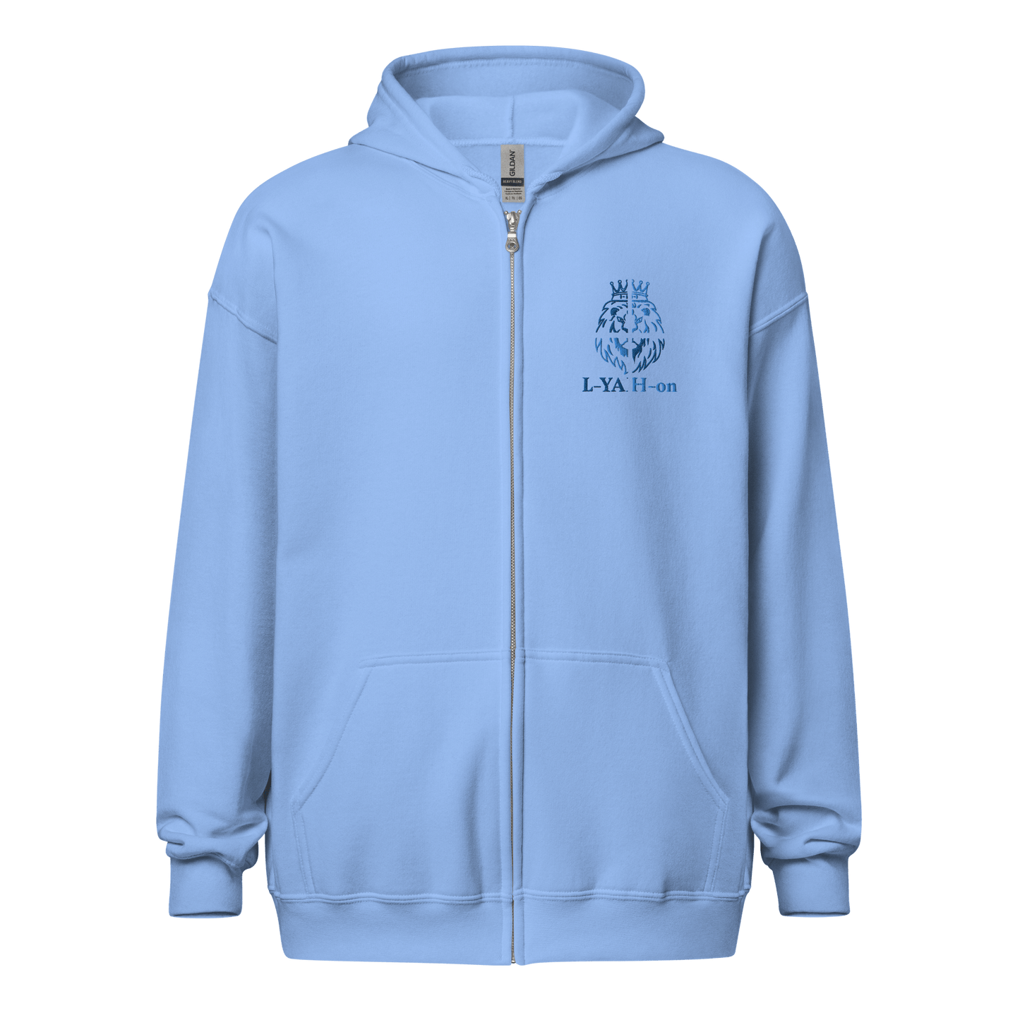 zip-up hoodie with front pockets and a metal zipper, displaying a logo on the upper left side - YHWH clothing brand online