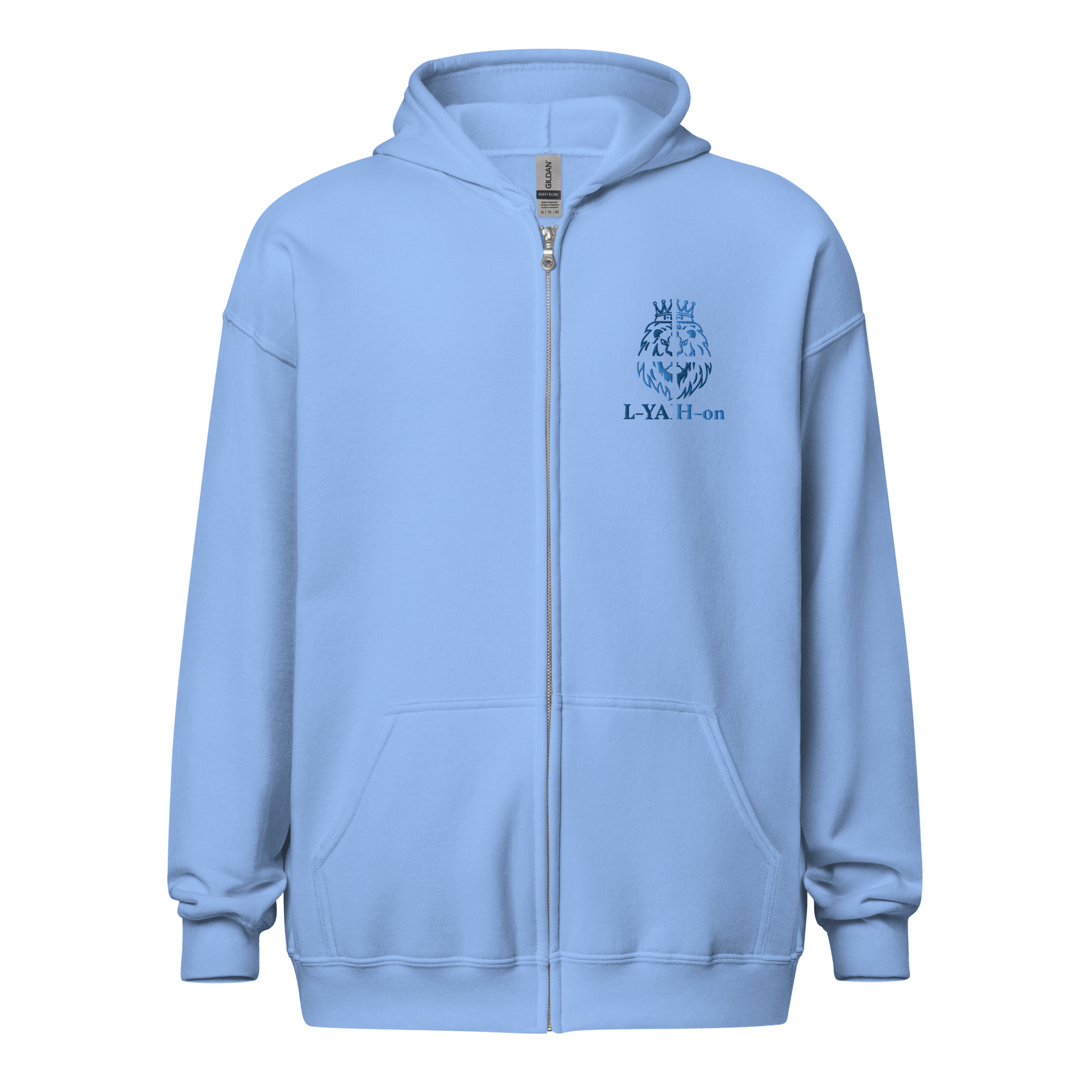 zip-up hoodie with front pockets and a metal zipper, displaying a logo on the upper left side - YHWH clothing brand online