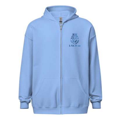 zip-up hoodie with front pockets and a metal zipper, displaying a logo on the upper left side - YHWH clothing brand online