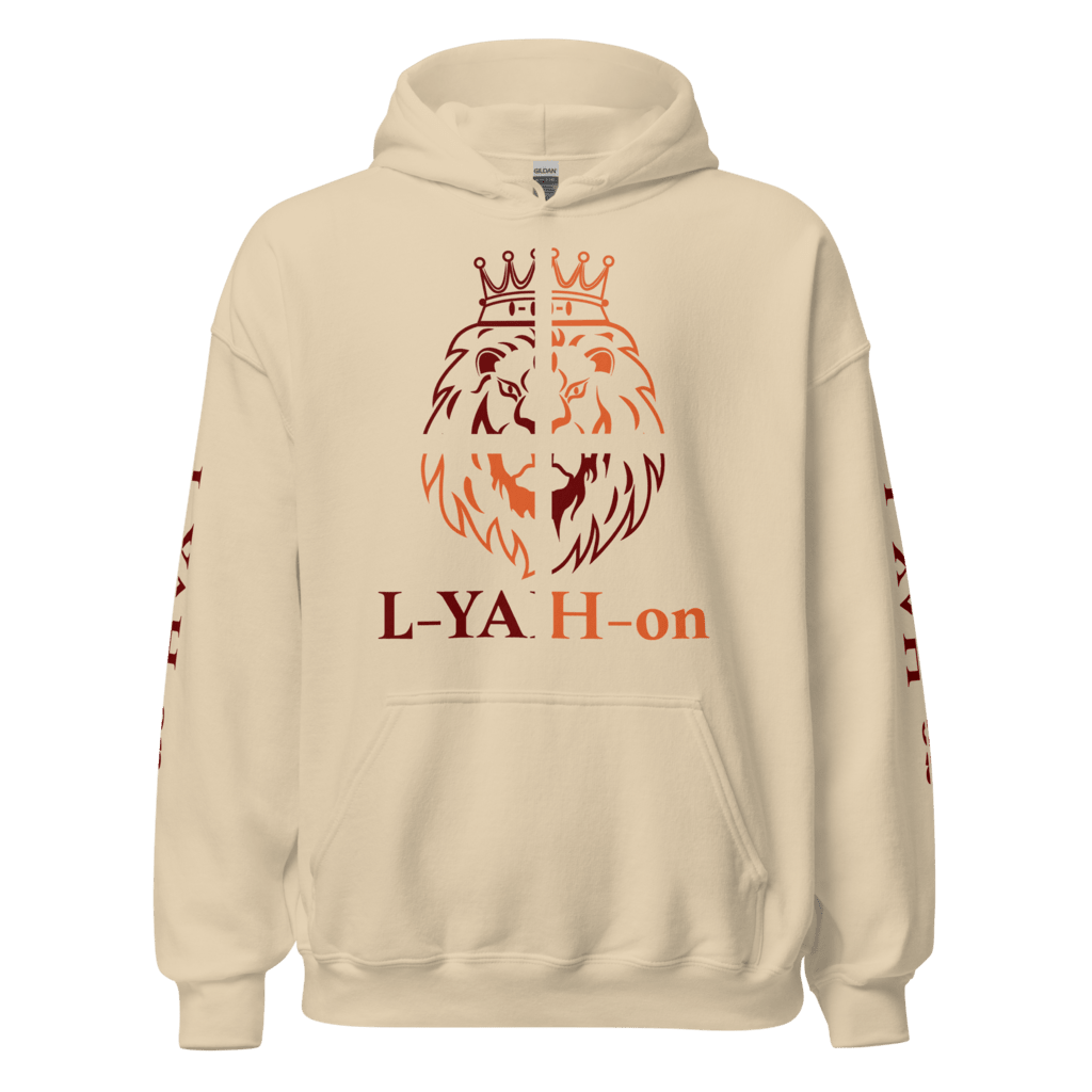 A beige hoodie with 'L-YAH-on' text and a graphic design resembling a crown and a lion.