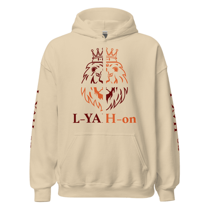 A beige hoodie with 'L-YAH-on' text and a graphic design resembling a crown and a lion.