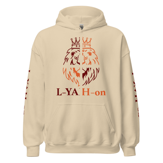 A beige hoodie with 'L-YAH-on' text and a graphic design resembling a crown and a lion.