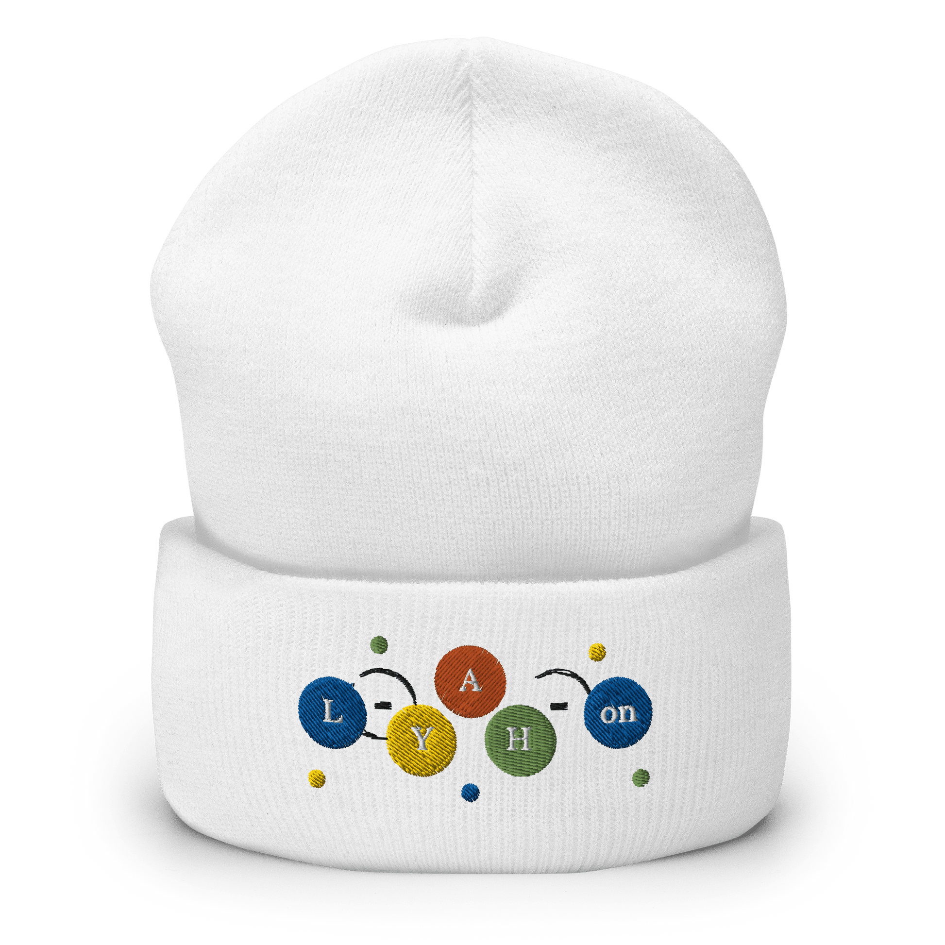 A white cuffed beanie with colorful bubble patterns and the brand name 'L-YAH-on' printed on the front.