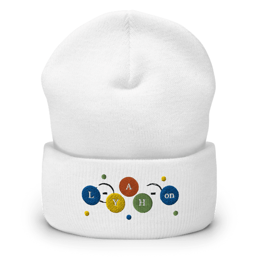 A white cuffed beanie with colorful bubble patterns and the brand name 'L-YAH-on' printed on the front.