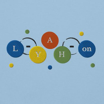 Colorful embroidered text on a blue background