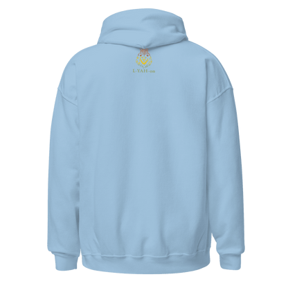 Light blue hoodie with a logo on the back