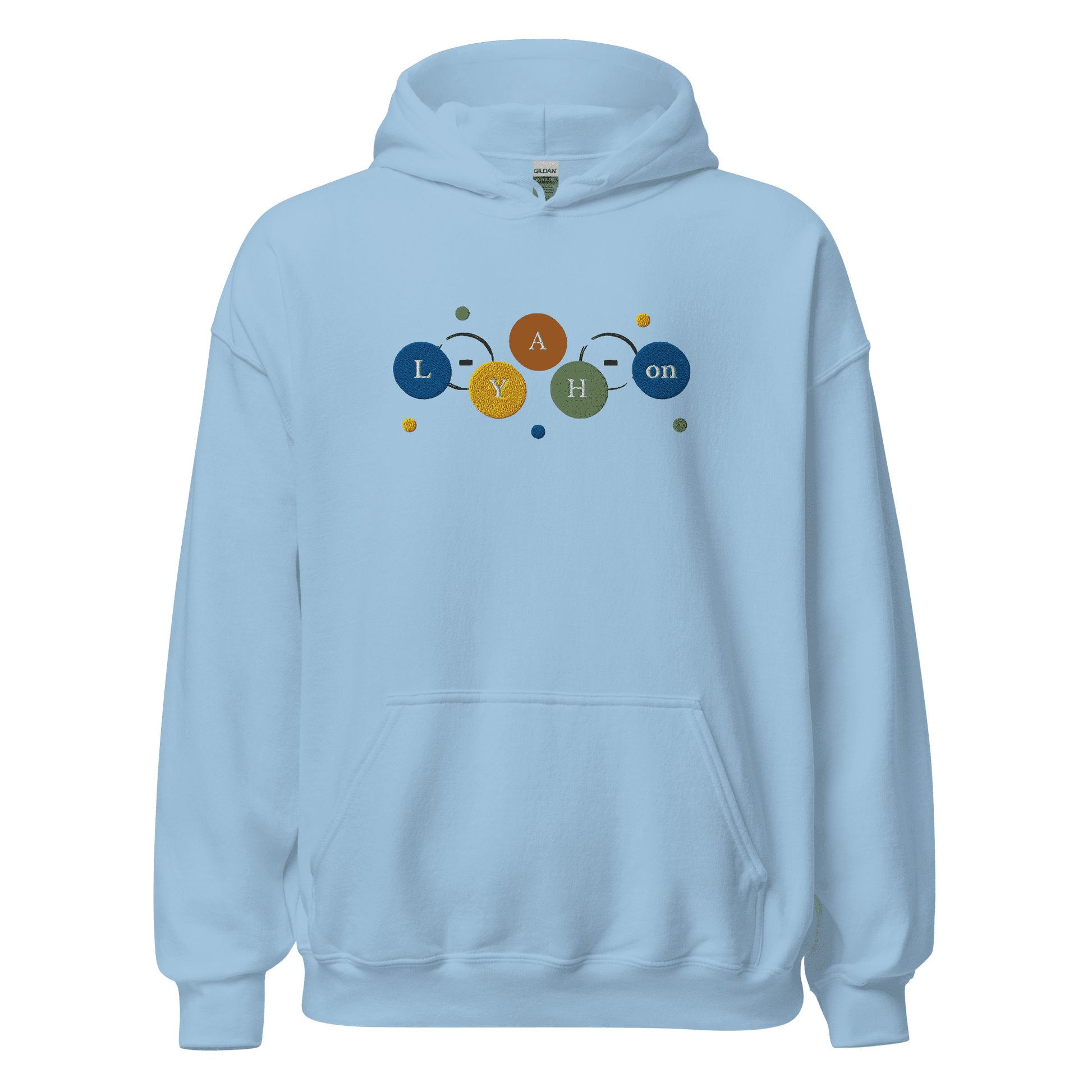 Light blue hoodie with colorful graphic design