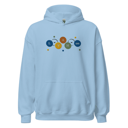 Light blue hoodie with colorful graphic design