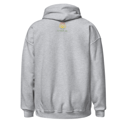 Gray hoodie with a logo on the back