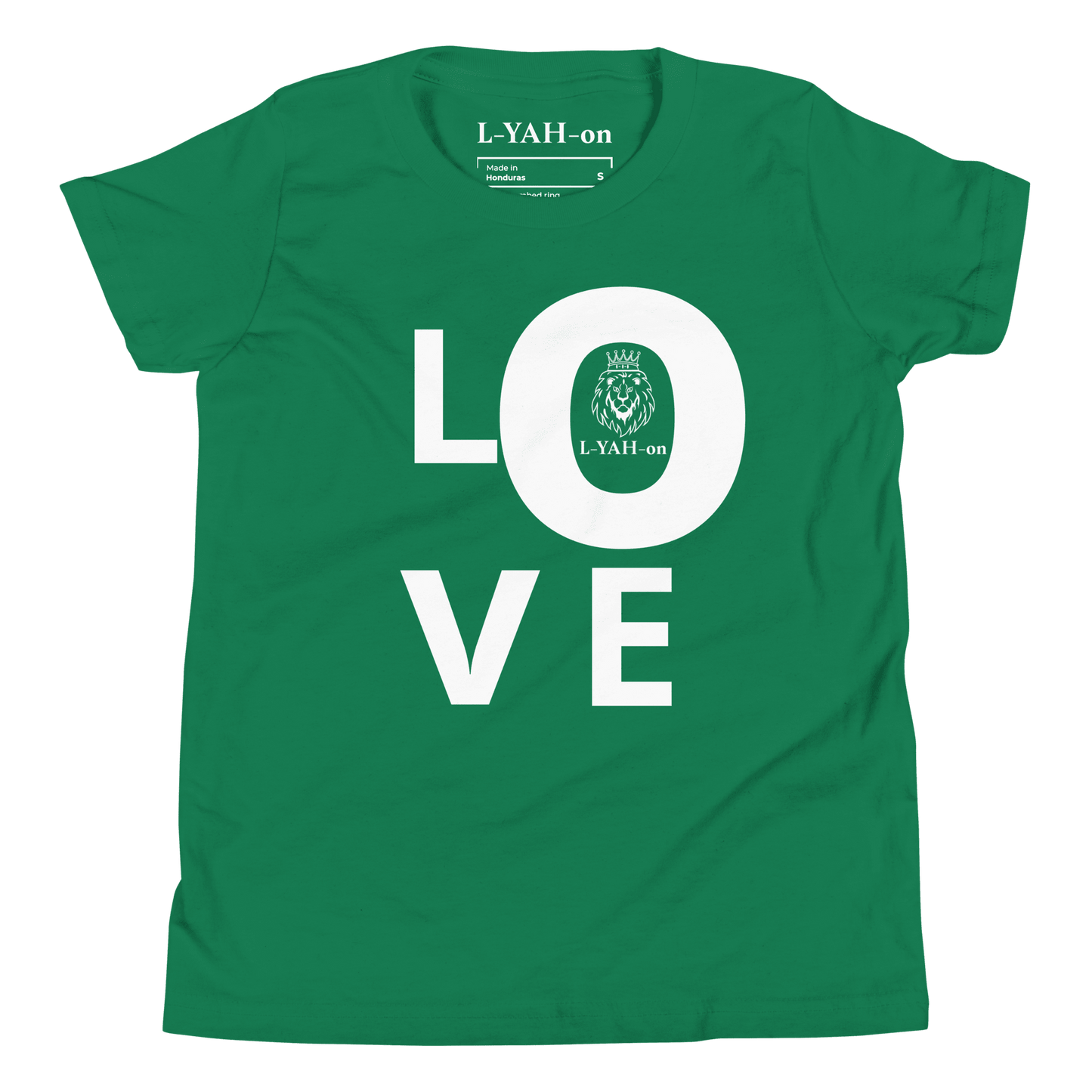Green t-shirt with 'LOVE' printed in white - inspirational tee