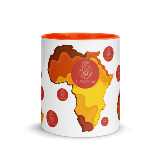 A mug with a colorful Africa-themed design, featuring a map of Africa with the brand logo 'L-YAH-on'.