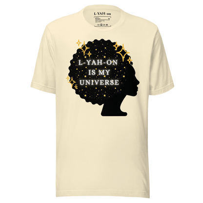 Beige t-shirt with a black silhouette of a head and text 'L-YAH-ON IS MY UNIVERSE' 