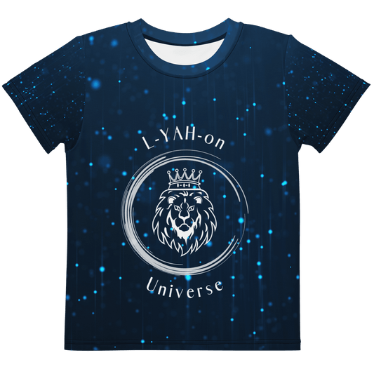 Navy blue t-shirt with a lion graphic and 'L-YAH-on Universe' text on a starry background
