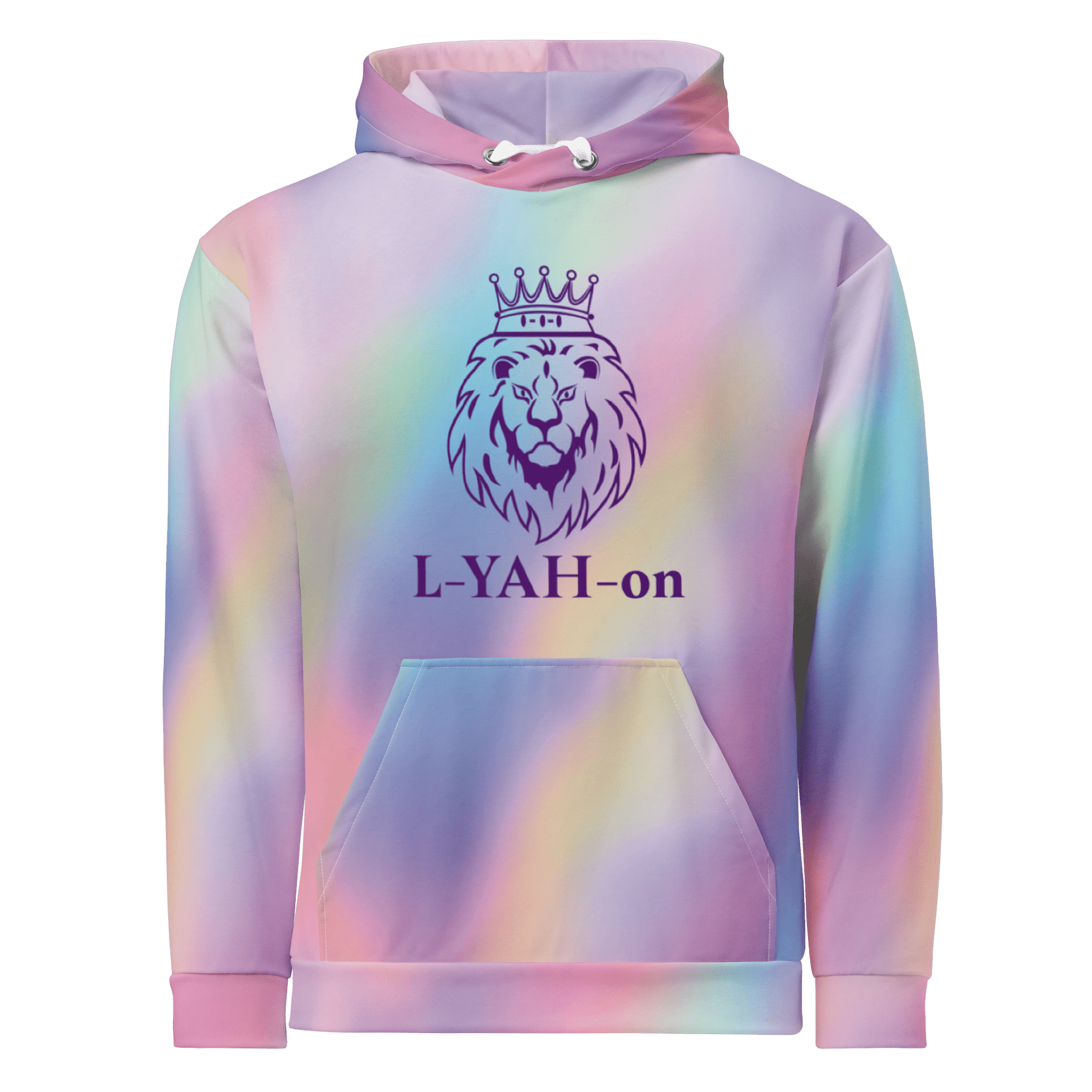 Pastel tie-dye hoodie with a lion graphic and 'L-YAH-on' text on a white background