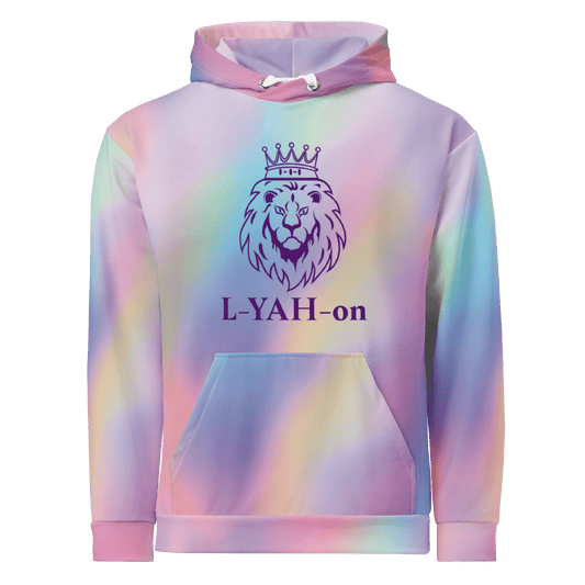 Pastel tie-dye hoodie with a lion graphic and 'L-YAH-on' text on a white background