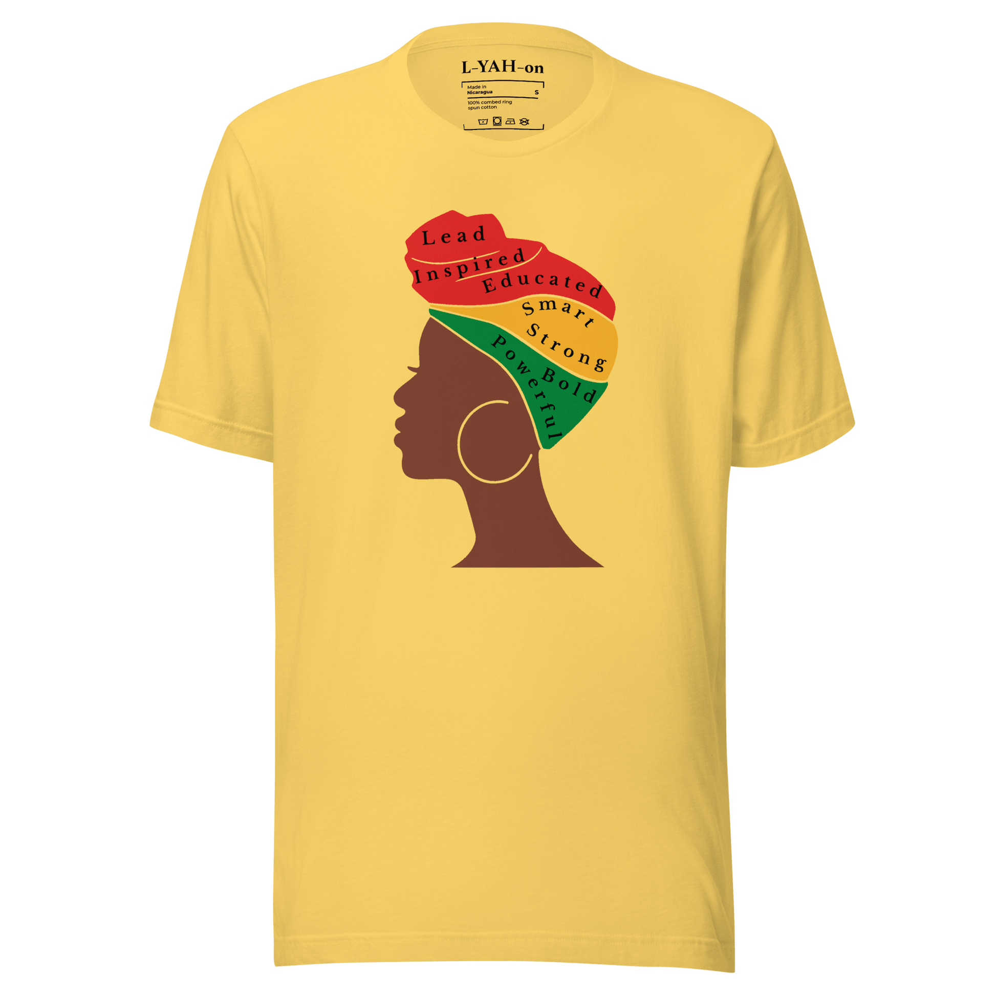 Yellow t-shirt with a graphic of a woman's profile and text on a white background