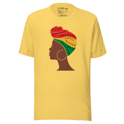 Yellow t-shirt with a graphic of a woman's profile and text on a white background