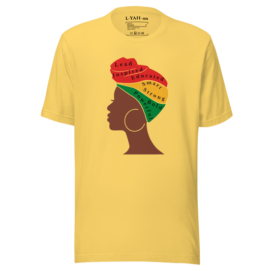 Yellow t-shirt with a graphic of a woman's profile and text on a white background