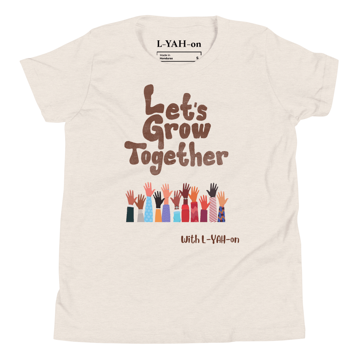 Beige t-shirt with 'Let's Grow Together' text and colorful hands design on a white background