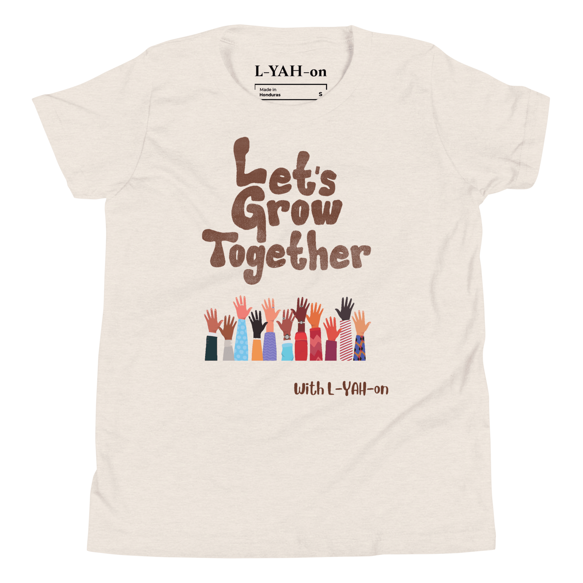 Beige t-shirt with 'Let's Grow Together' text and colorful hands design on a white background