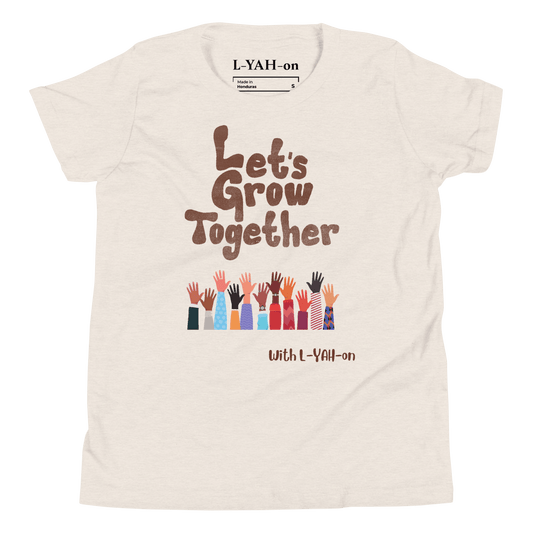 Beige t-shirt with 'Let's Grow Together' text and colorful hands design on a white background