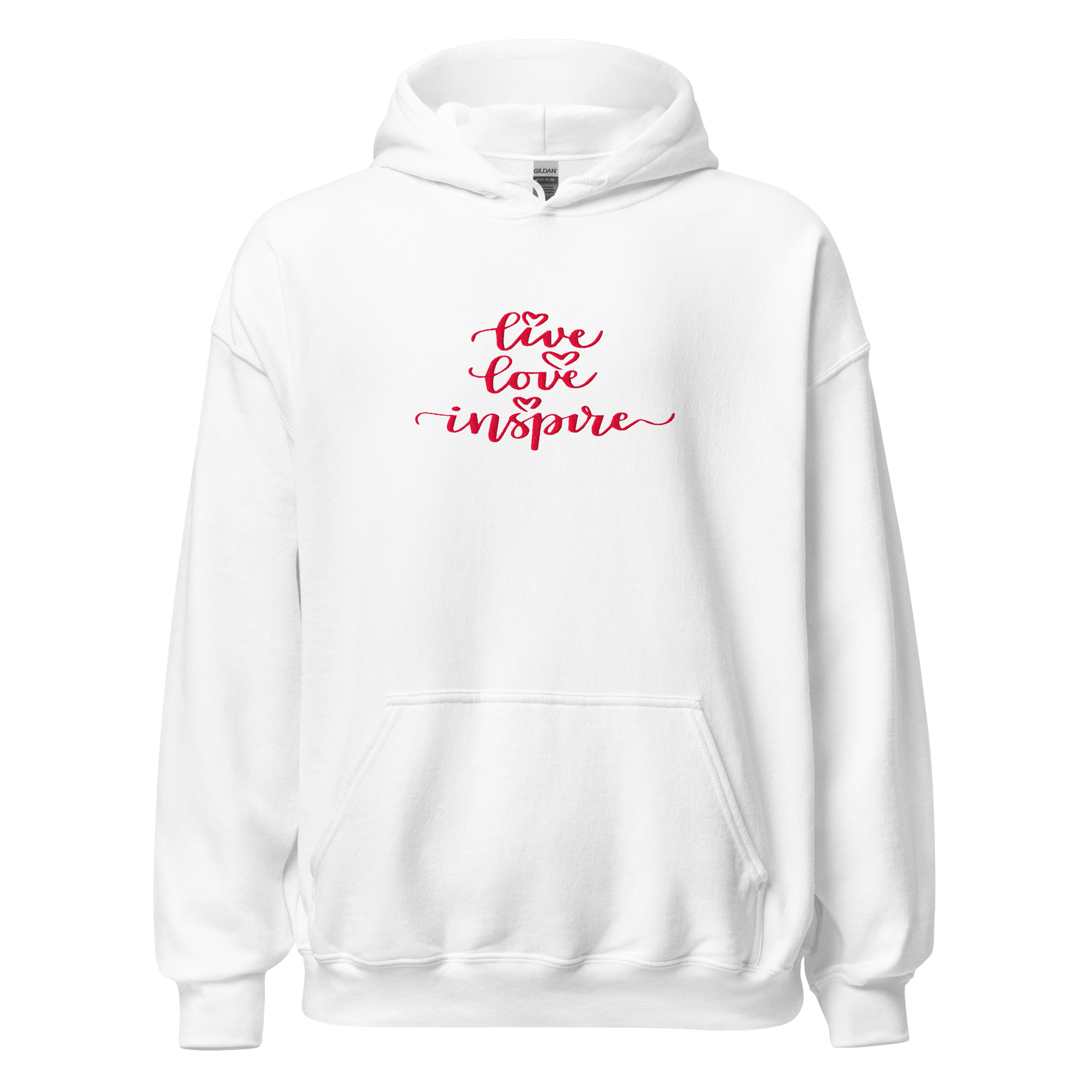 White hoodie with 'live love inspire' text in red on a white background