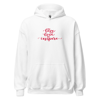 White hoodie with 'live love inspire' text in red on a white background