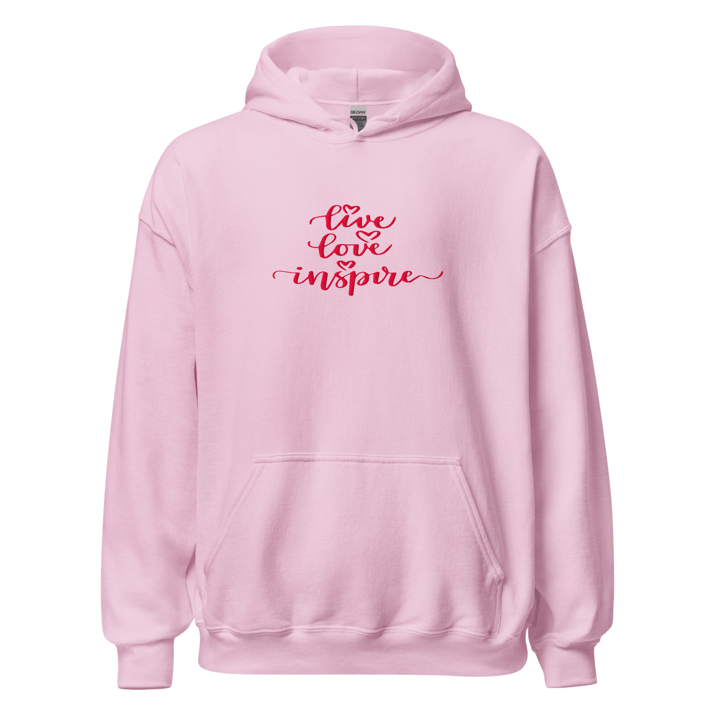 Pink hoodie with 'live love inspire' text on a white background